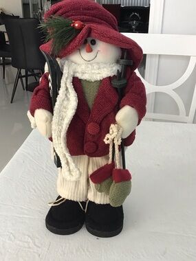 Festive Red Snowman Holiday Figurine with Scarf. ##